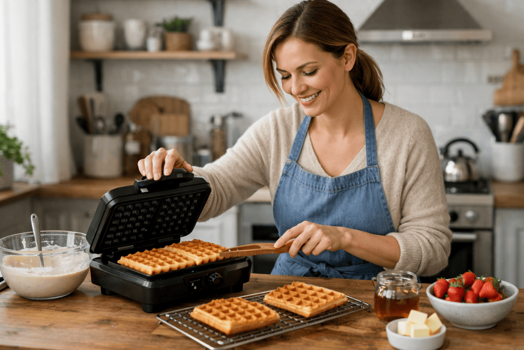 Женщина на кухне готовит вафли в новой вафельнице