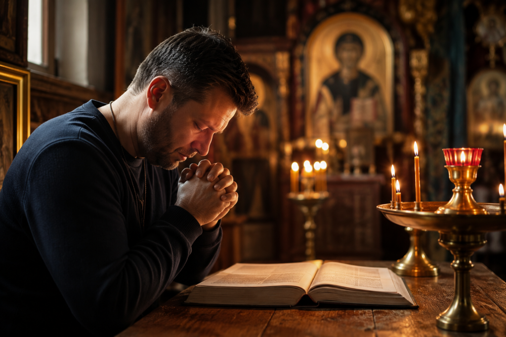 Людина читає молитву «Вірую»
