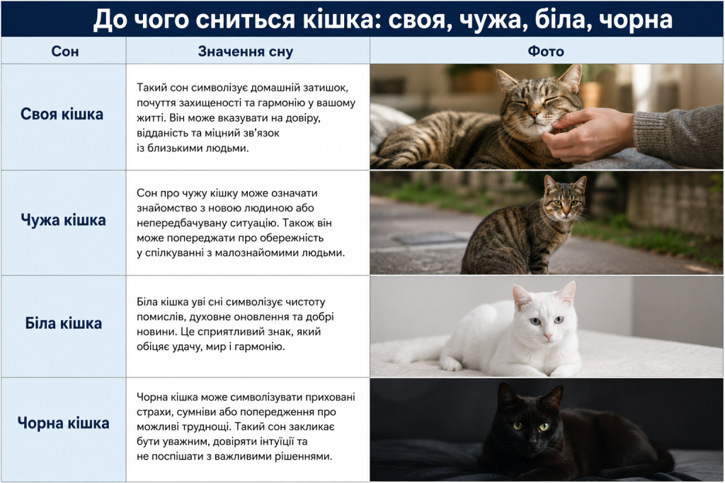 Таблиця тлумачення снів про кішку різних кольорів