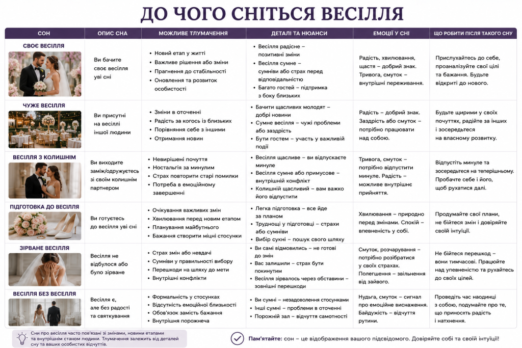Таблиця з тлумаченням снів про весілля — своє, чуже, зірване, з колишнім партнером та їх можливе значення і поради