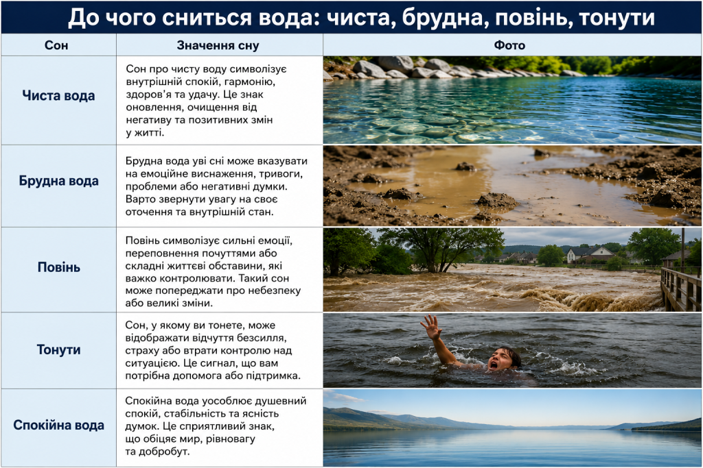 Таблиця тлумачення снів про воду — чисту, брудну, повінь та тонути