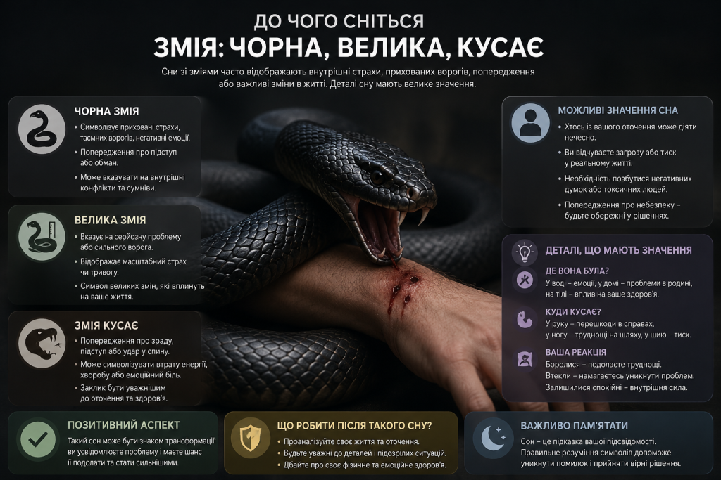 Інфографіка з тлумаченням снів про чорну змію, велику змію та укус змії