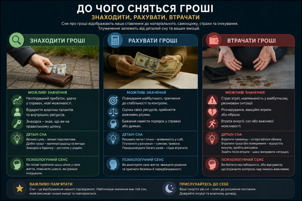 Інфографіка з тлумаченням снів про гроші — знахідку, підрахунок та втрату