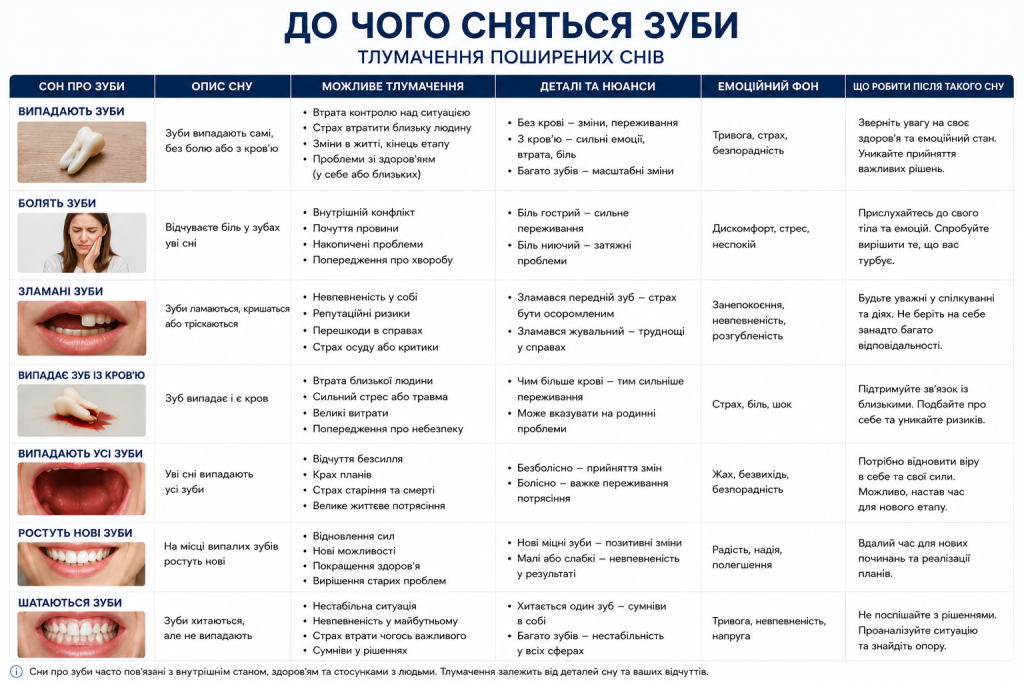 Таблиця з тлумаченням снів про зуби — випадання, біль, зламані зуби, нові зуби та їх емоційне значення і поради