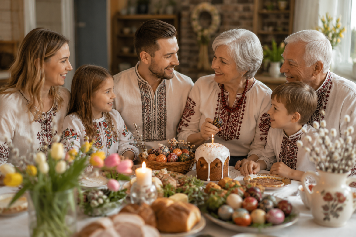 Українська родина у вишиванках святкує Великдень за столом із паскою, писанками та традиційними стравами.