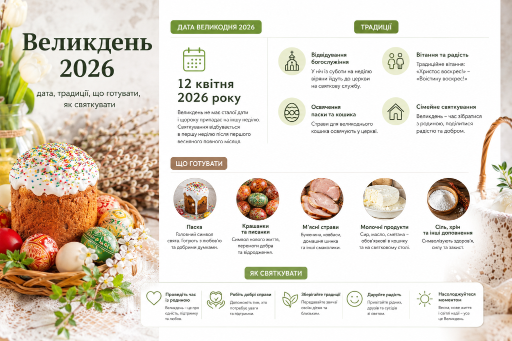 Інфографіка про Великдень 2026 з датою святкування, традиціями, великоднім кошиком, стравами та порадами.