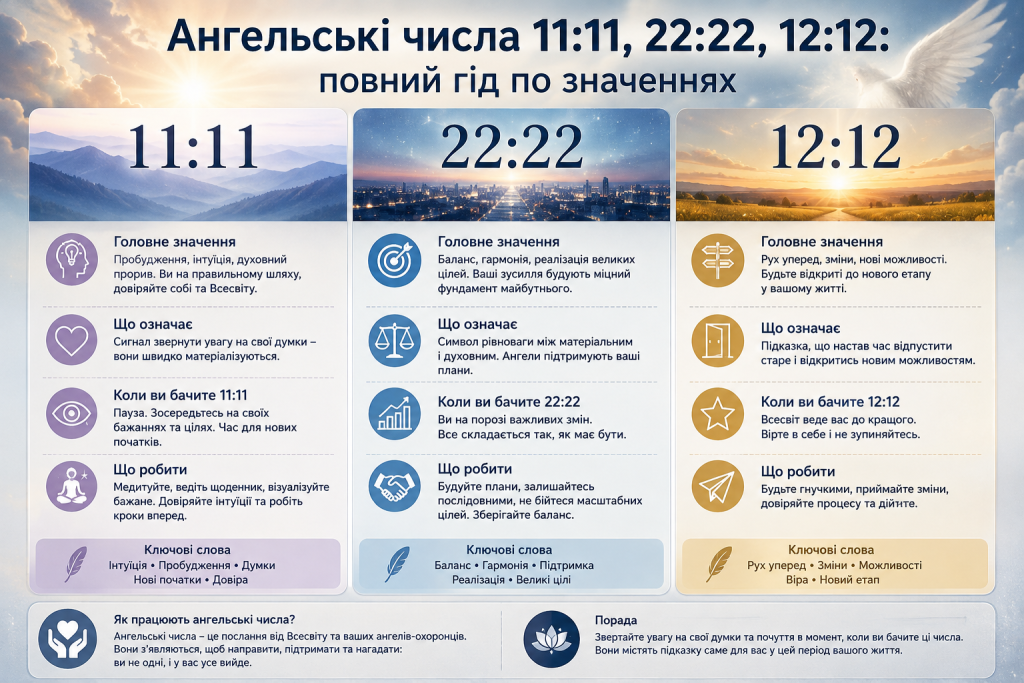 Інфографіка про значення ангельських чисел 11:11, 22:22 і 12:12 на годиннику з поясненнями та порадами.
