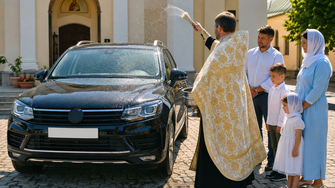 Освячення автомобіля — традиційний обряд біля храму