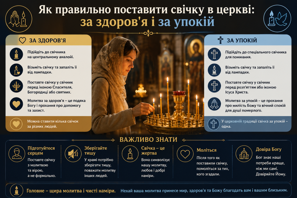 Інфографіка про те, як правильно ставити свічки в церкві за здоров’я та за упокій, із поясненнями церковної традиції.